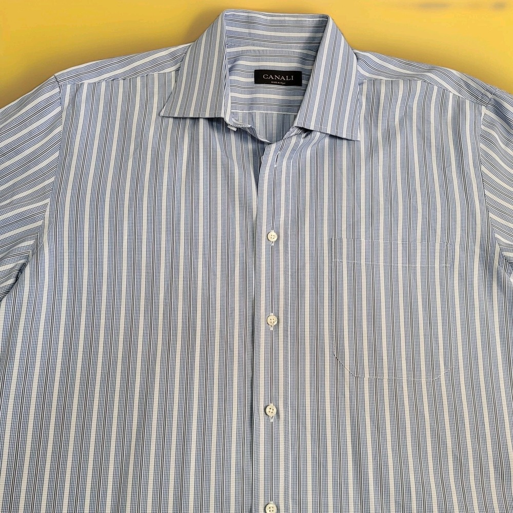 Canali Shirt Mens 42/16.5 Blue Houndstooth Strip Button Up Long Sleeve Italy